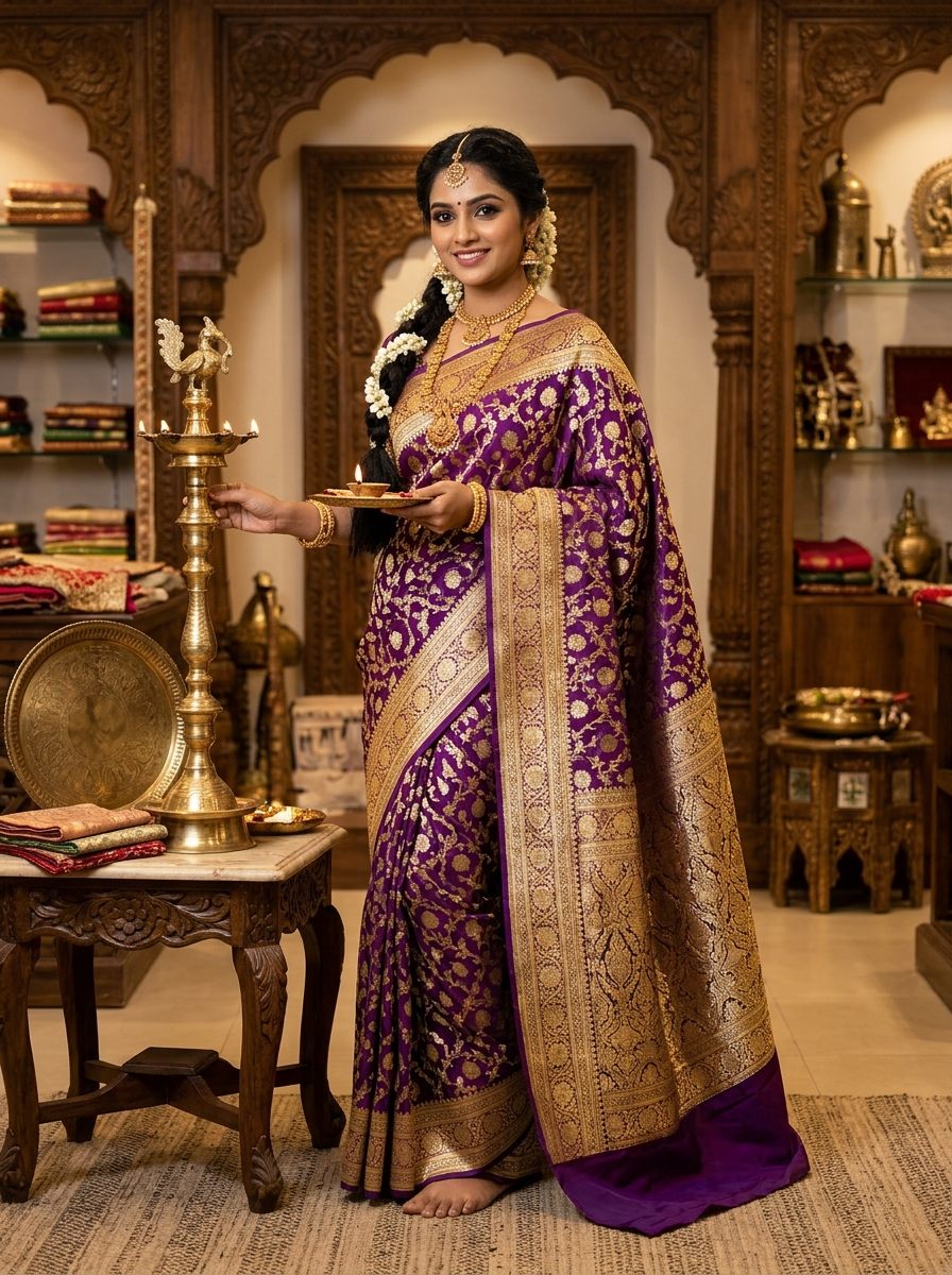 Woven Kanjivaram Pure Silk, Art Silk Saree (Purple)